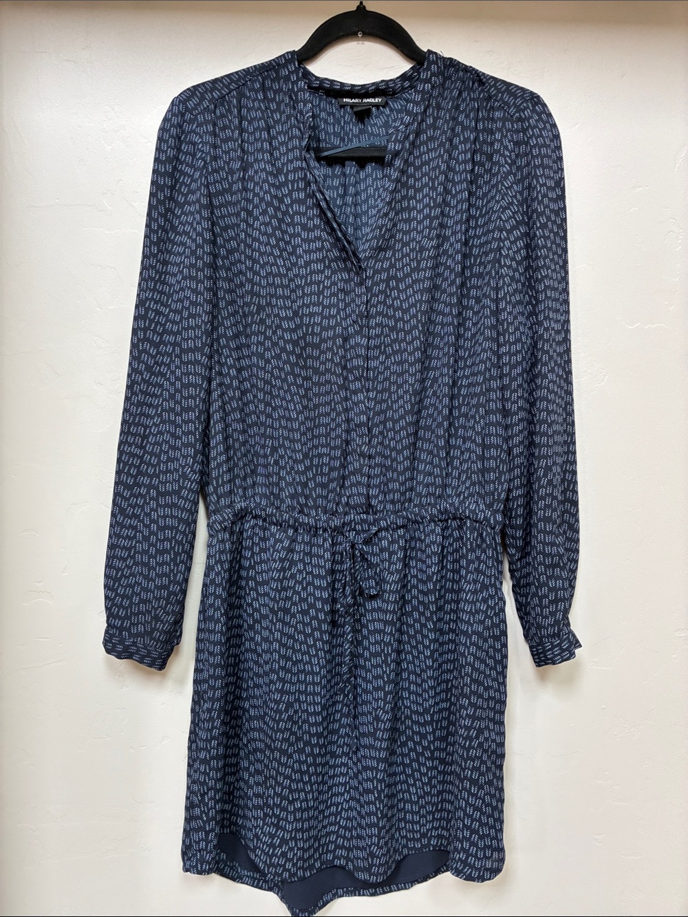 Navy Patterned Long-Sleeve Drawstring Waist Dress